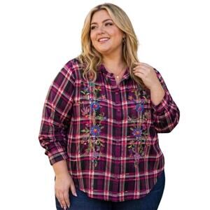 The Pioneer Woman Magenta Plaid Flannel Button Up Top Floral Embroidery Sz XXL